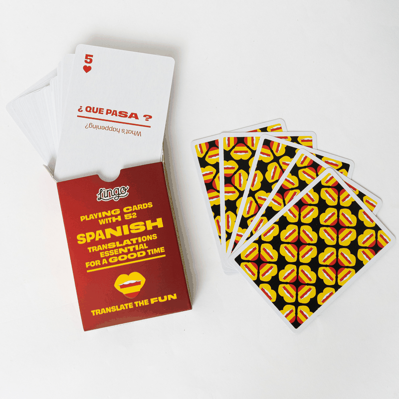 Spanish Lingo Playing Cards featuring Spanish words and phrases with English translations, perfect for travel and language learning.