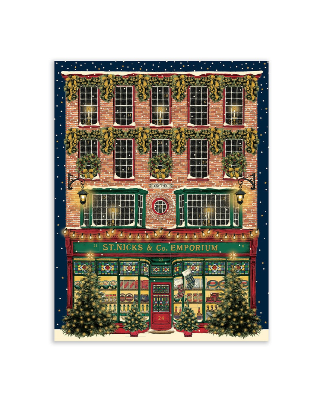 St. Nick’s Emporium Advent Calendar featuring a festive shop-front, gold foil details, die-cut windows, eco-friendly and made in the UK.