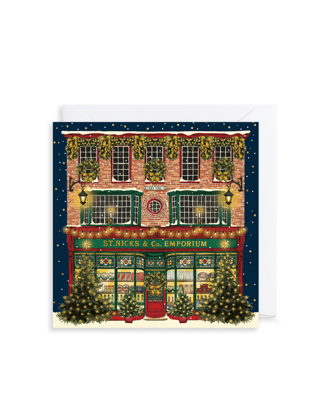 Christmas-themed card with a festive store front design on a white background