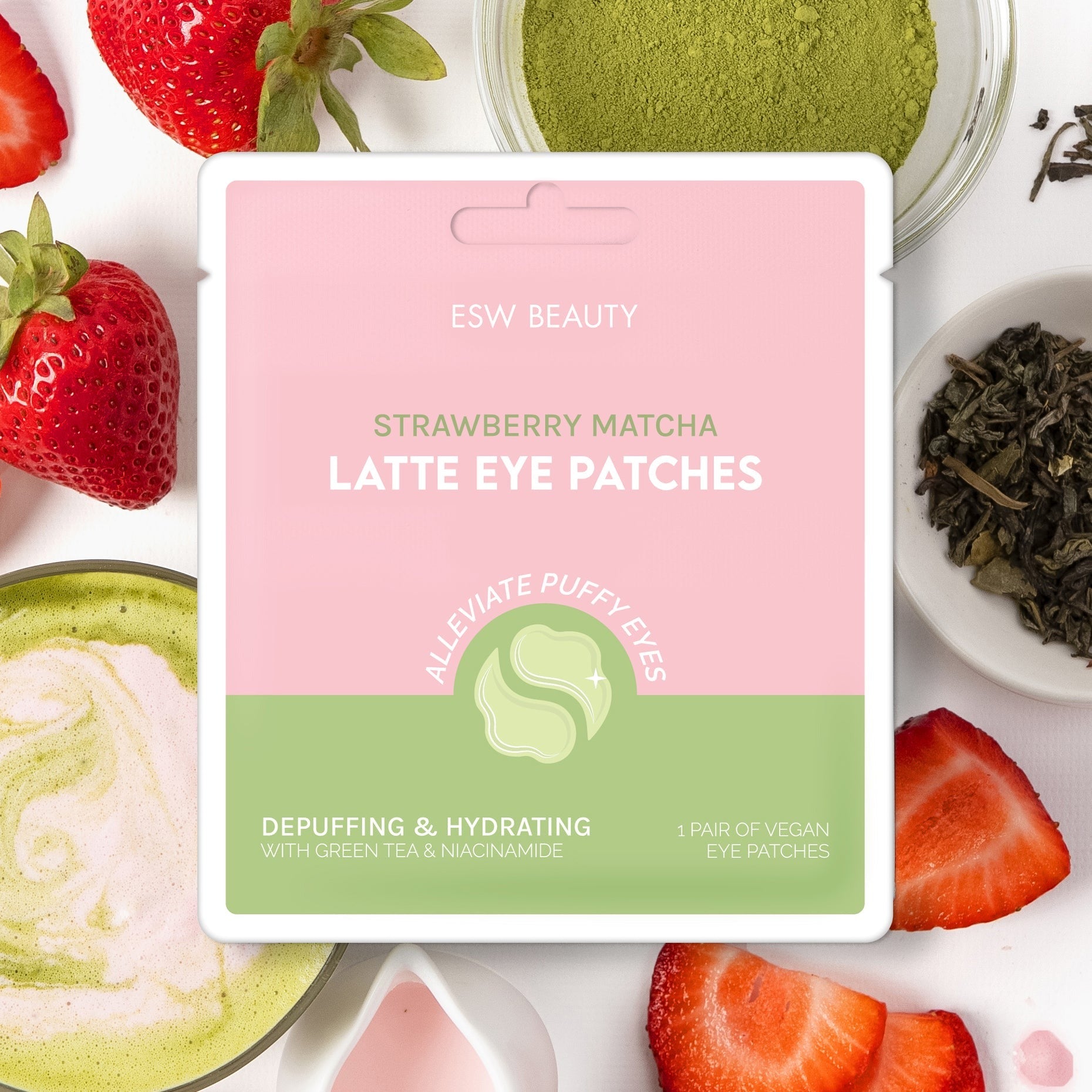 Strawberry Matcha Latte Depuffing & Hydrating Eye Patches in vegan hydrogel