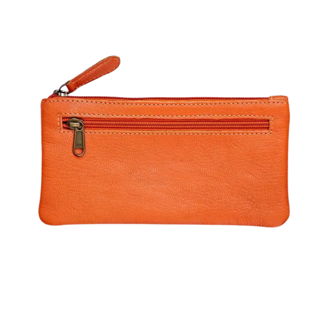 Orange Leather Purse & Pencil Case with an external pocket and a Zip Closures