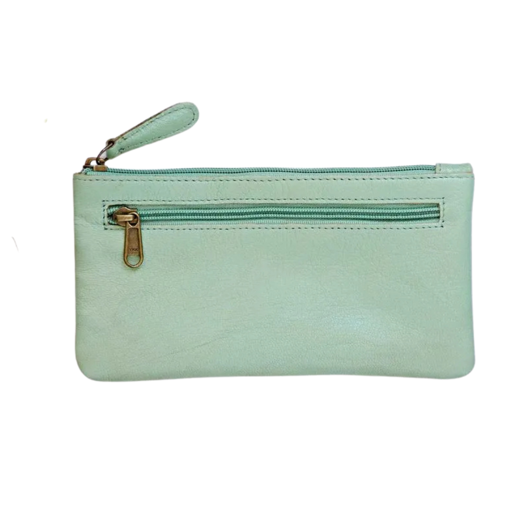 Aqua Leather Purse & Pencil Case with an external pocket and a Zip Closures