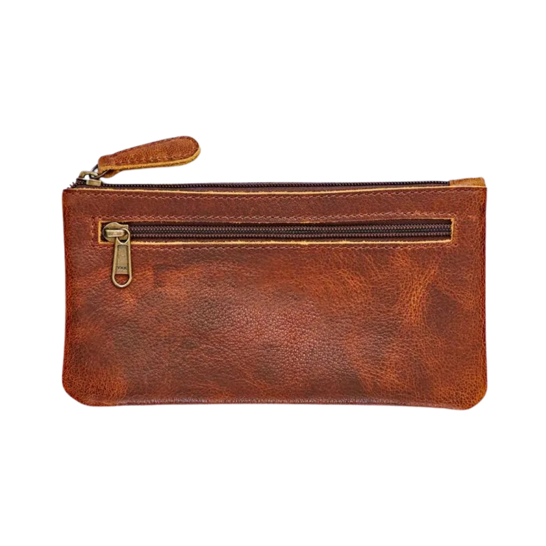 Brown Leather Purse & Pencil Case with an external pocket and a Zip Closures