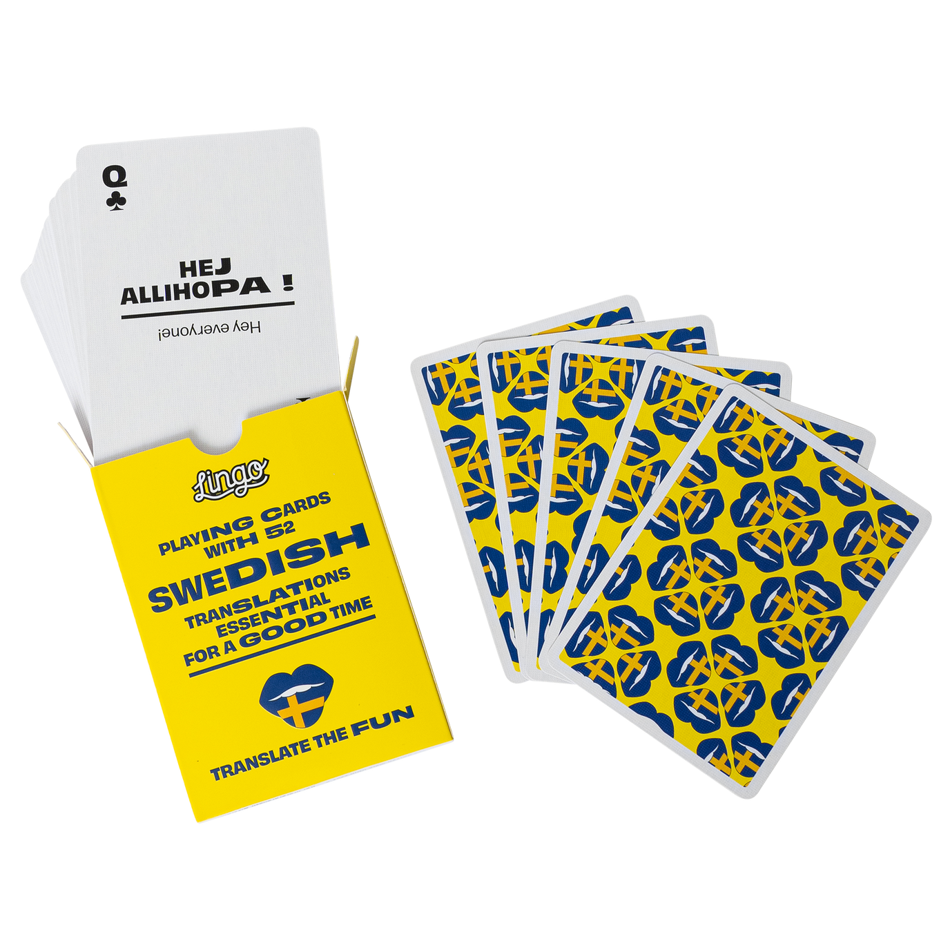 Playing cards with Swedish words and English translations in a yellow box on a white background