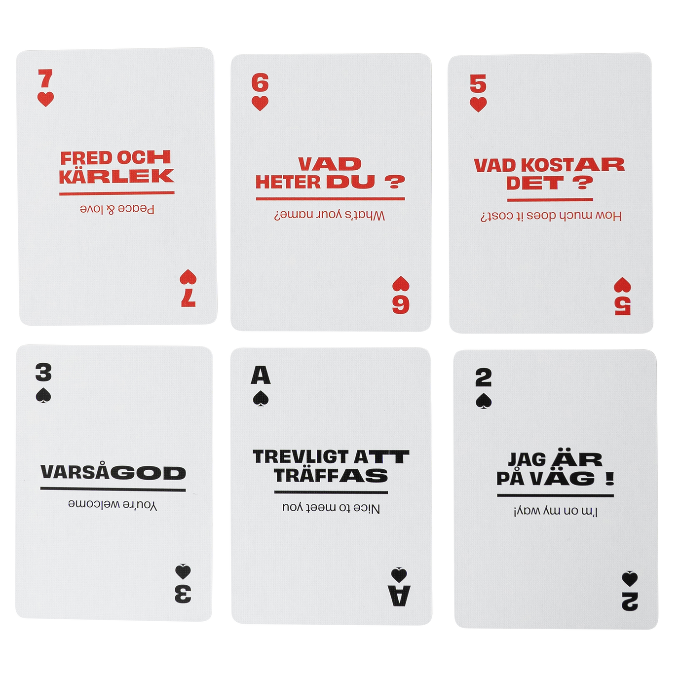 Set of playing cards with Swedish phrases and english translation on a white background