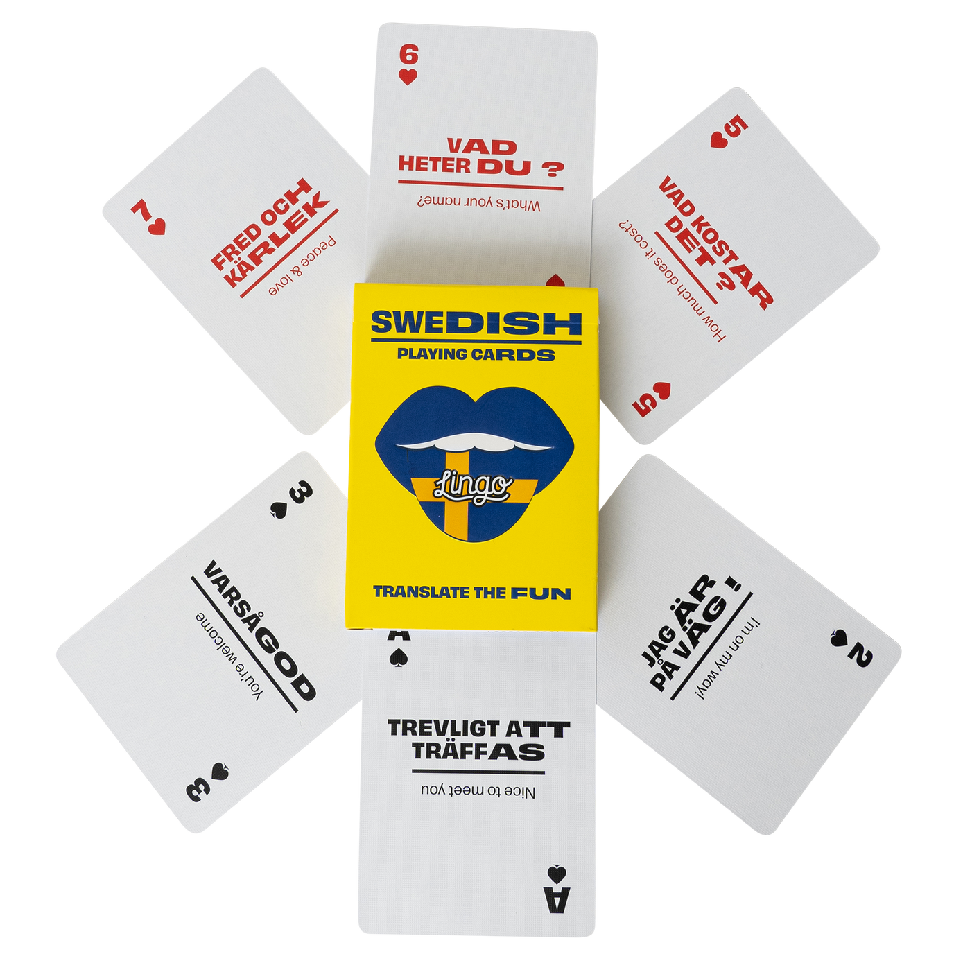 Swedish playing cards with a yellow box in the center on a white background