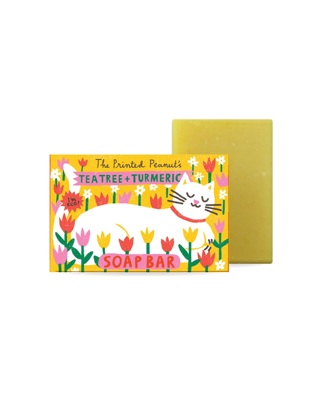 Tea Tree & Turmeric with a cat illustration on the packaging . Handmade vegan soap, natural antibacterial & anti-inflammatory, eco-friendly packaging, 95g