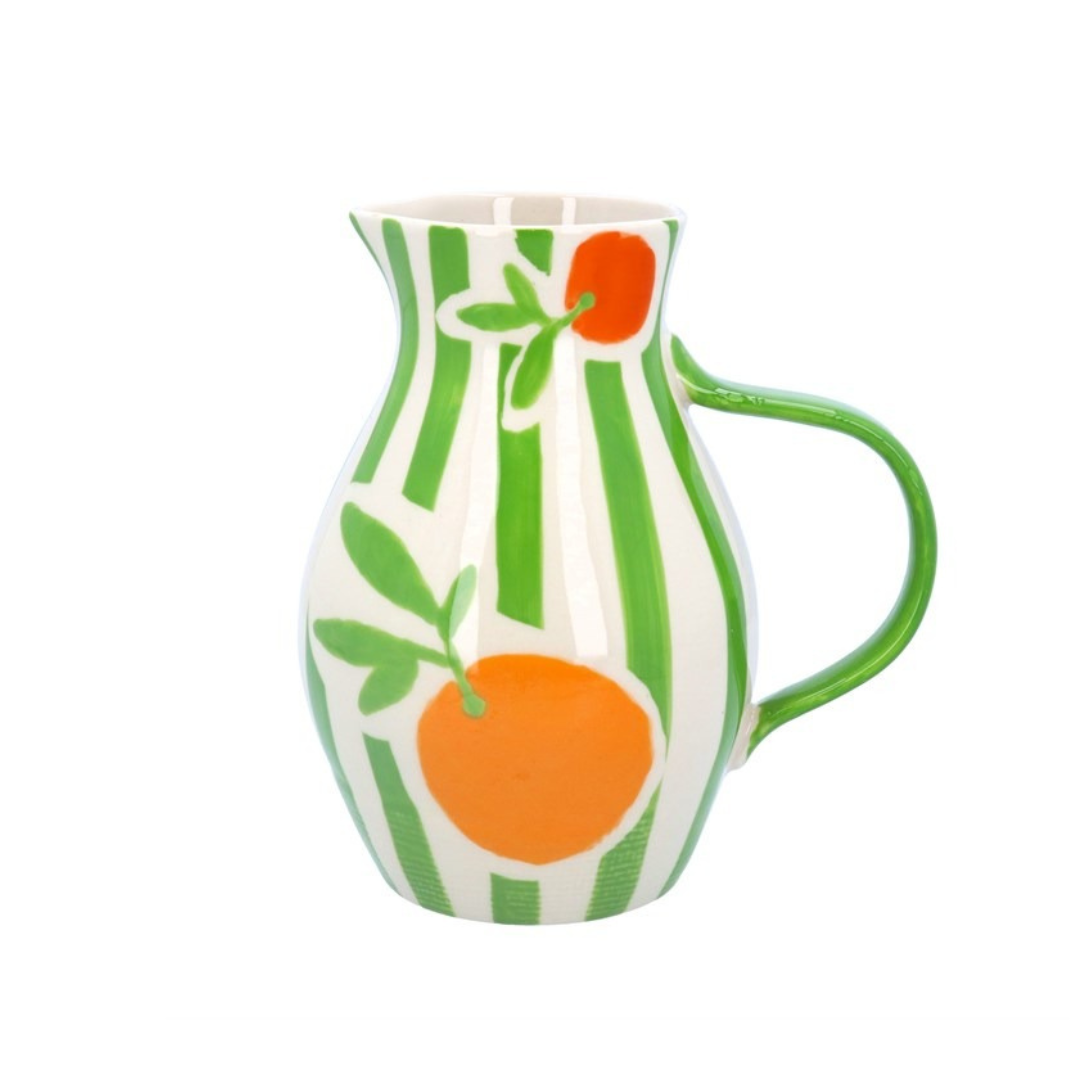 Medium stoneware jug with green stripes and clementine design – perfect for spring and summer dining