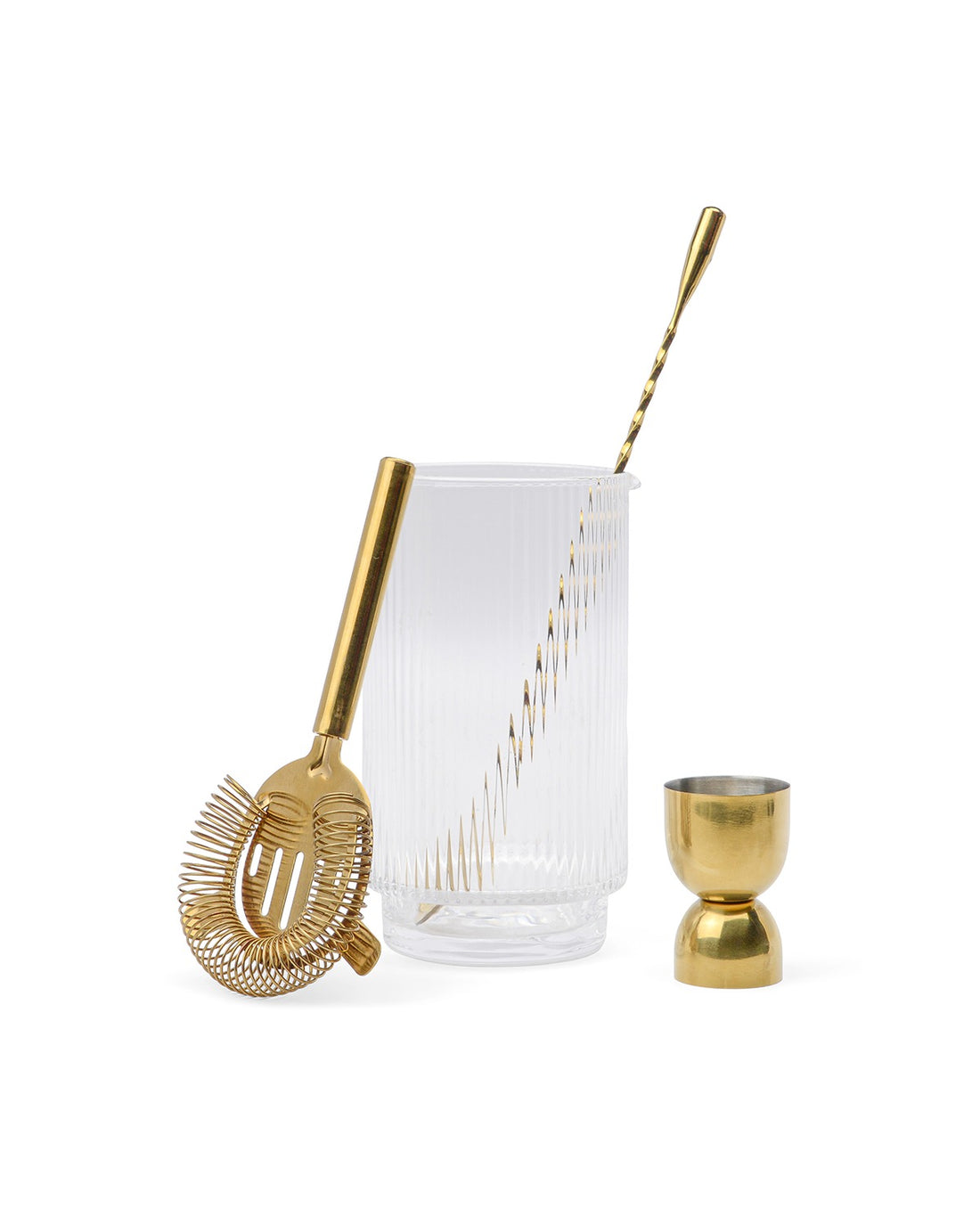 Renley Gold Cocktail Bar Set with glass beaker, gold stainless steel strainer, jigger, and cocktail spoon on white background