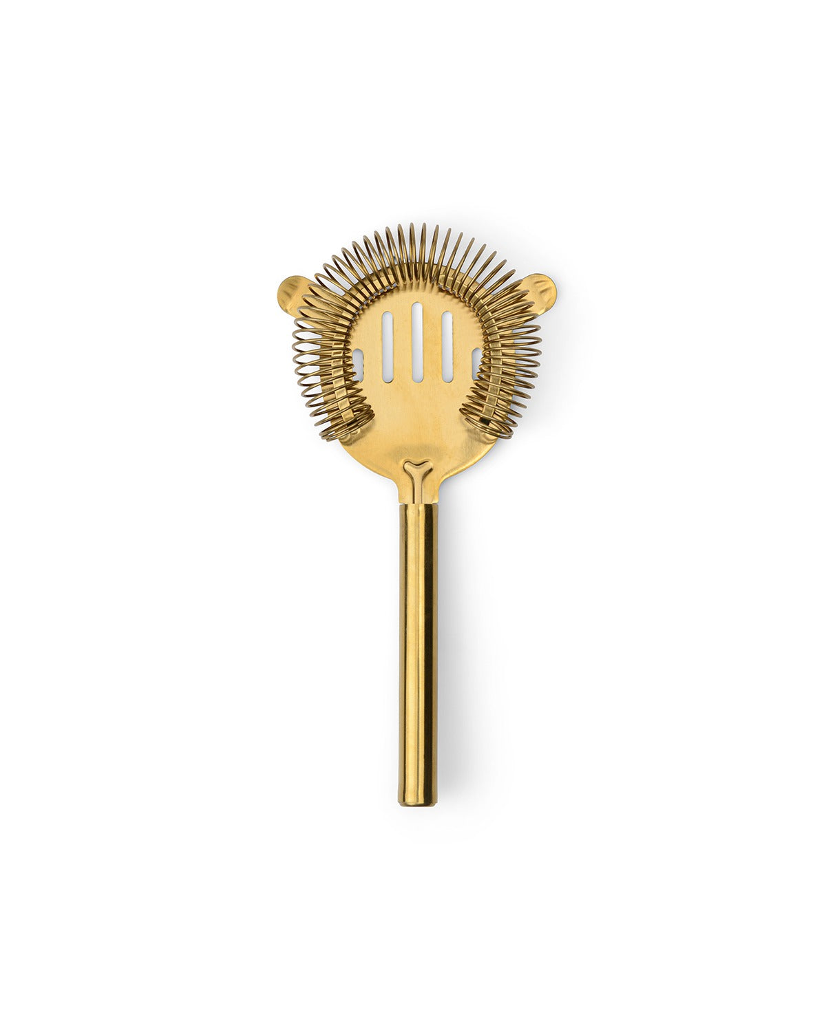 gold stainless steel strainer on a white background