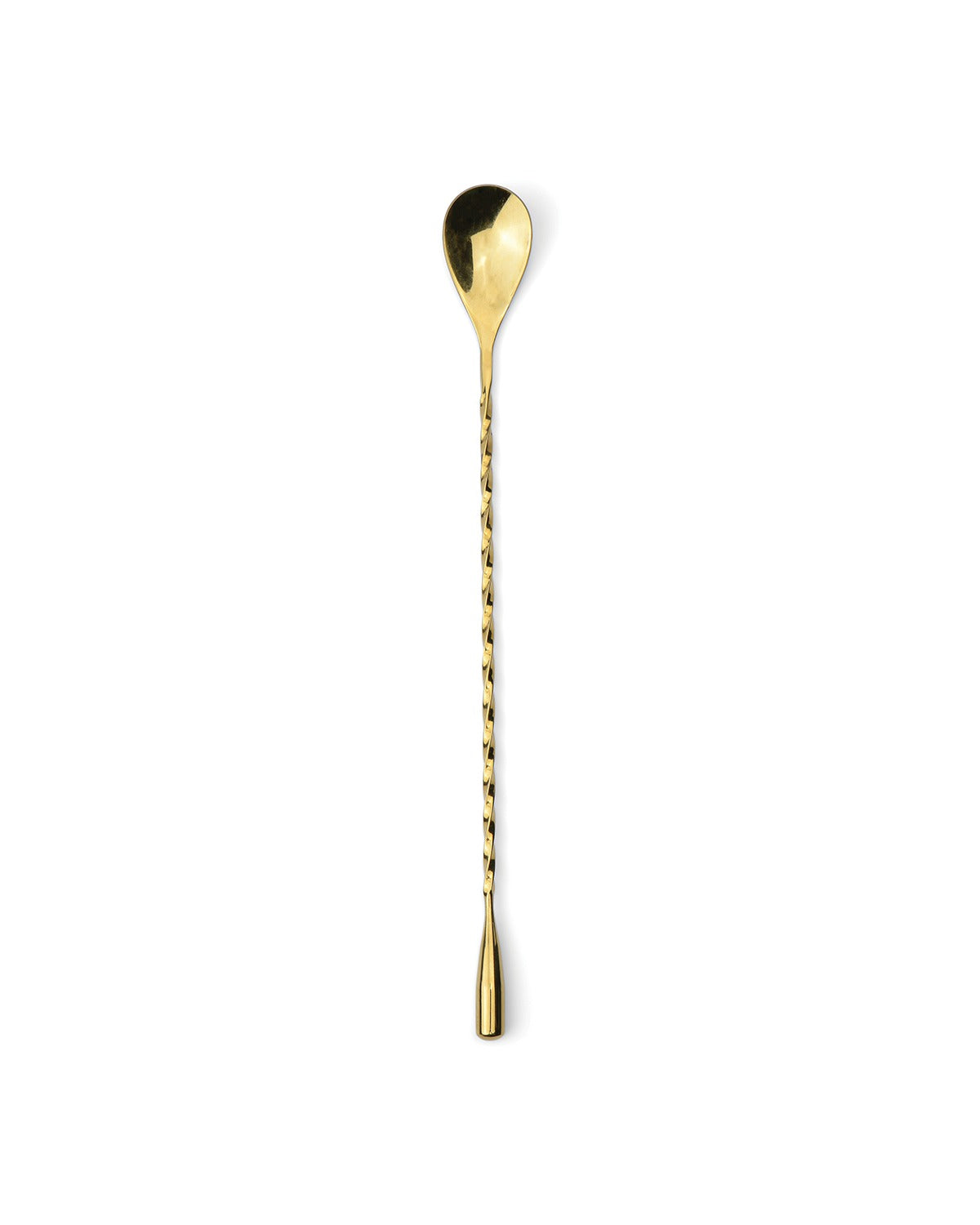 gold stainless steel cocktail spoon on a white background