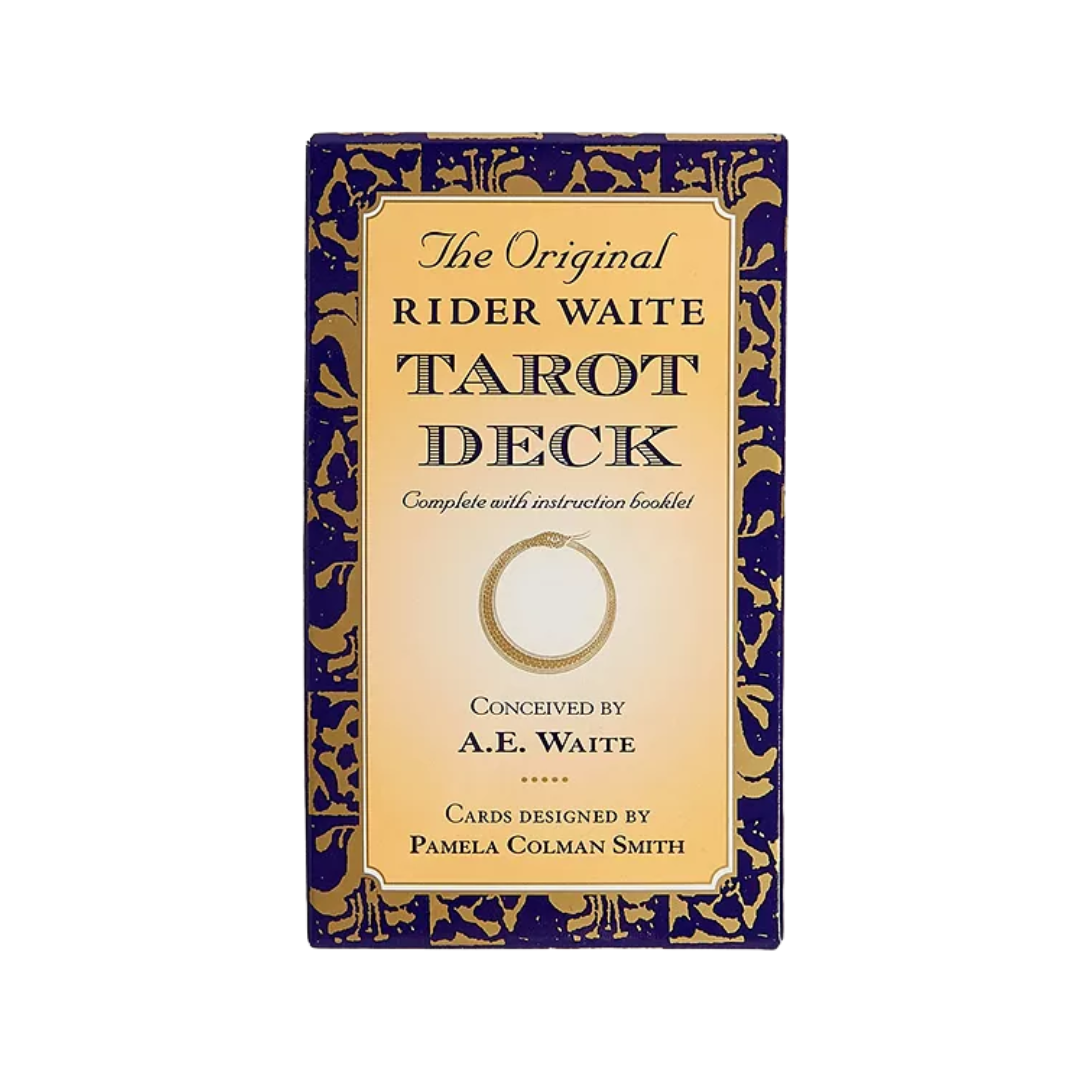 Rider Waite Tarot Deck packaging with decorative blue border on beige background
