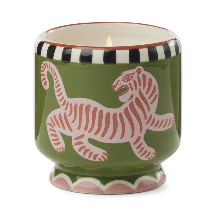 Vegan 8oz soy candle in repurposable ceramic jar with tiger, black cedar & fig scent