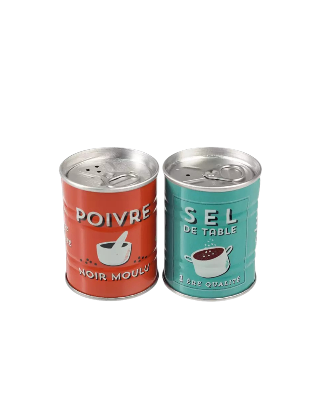 Retro French metal salt and pepper shakers with Sel & Poivre branding