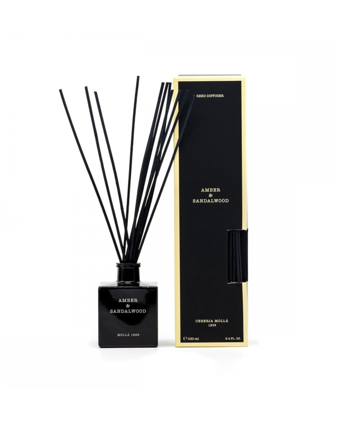 Sandalwood & Amber reed diffuser – 100ml natural home fragrance with sandalwood, amber, and cedar scent in recyclable FSC packaging.