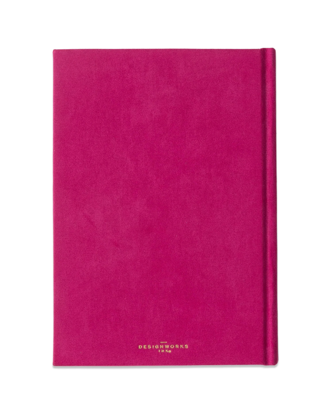 Back of Fuchsia and gold Hardcover Journal showing suede cloth cover, hand-sewn lay-flat binding, and durable design for everyday writing and study.
