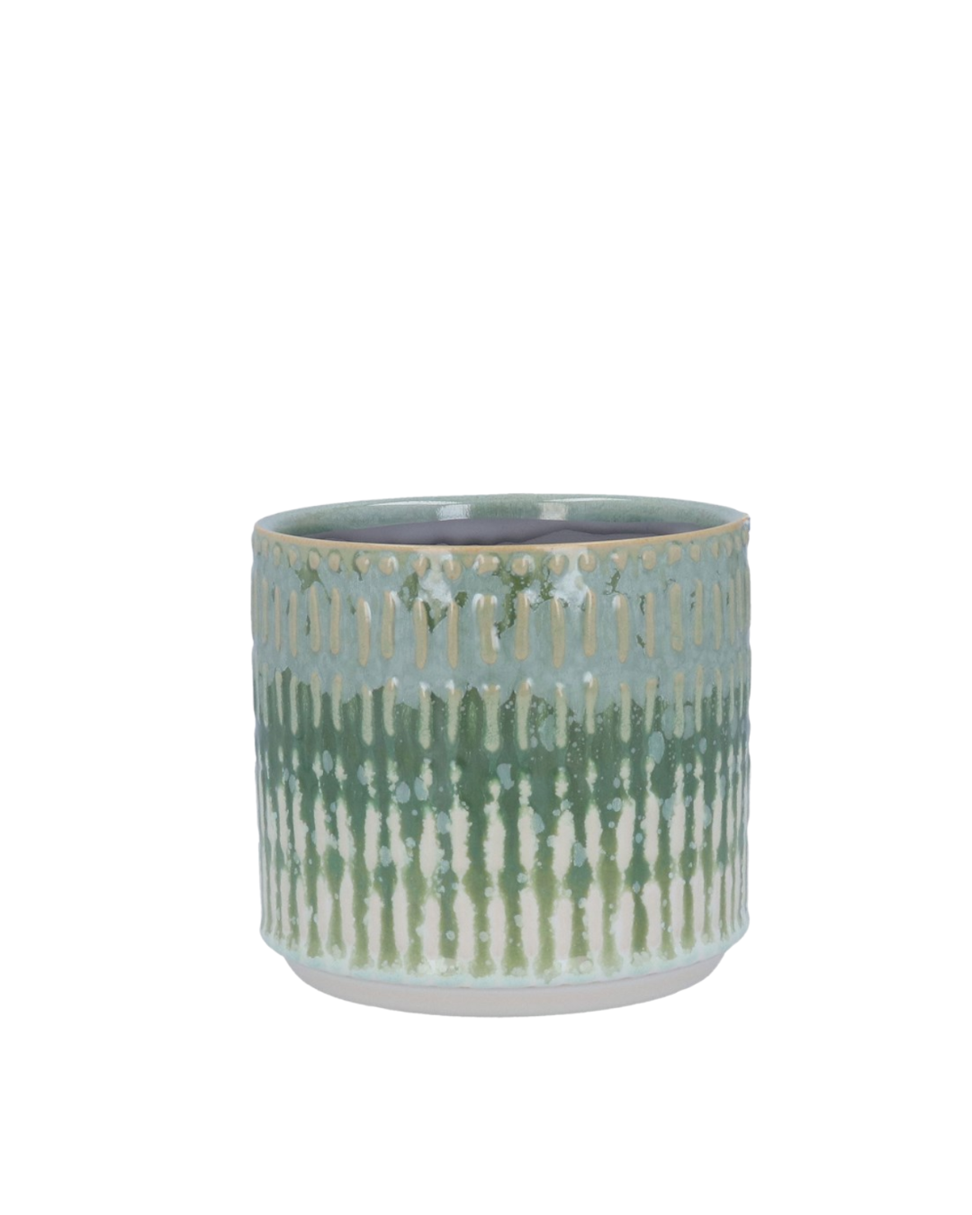 Front view of a small Green Reactive Glaze Stoneware Pot, showcasing its deep green reactive glaze finish and round stoneware shape.