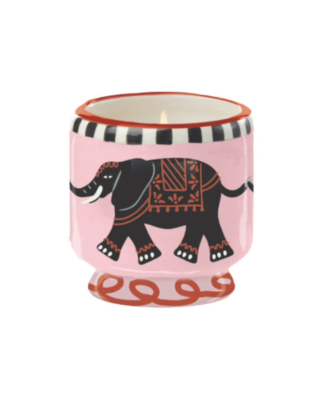 A Dopo Elephant Ceramic Candle in hand-painted vessel with black elephant and red-white motif on pink background, displayed on white backdrop