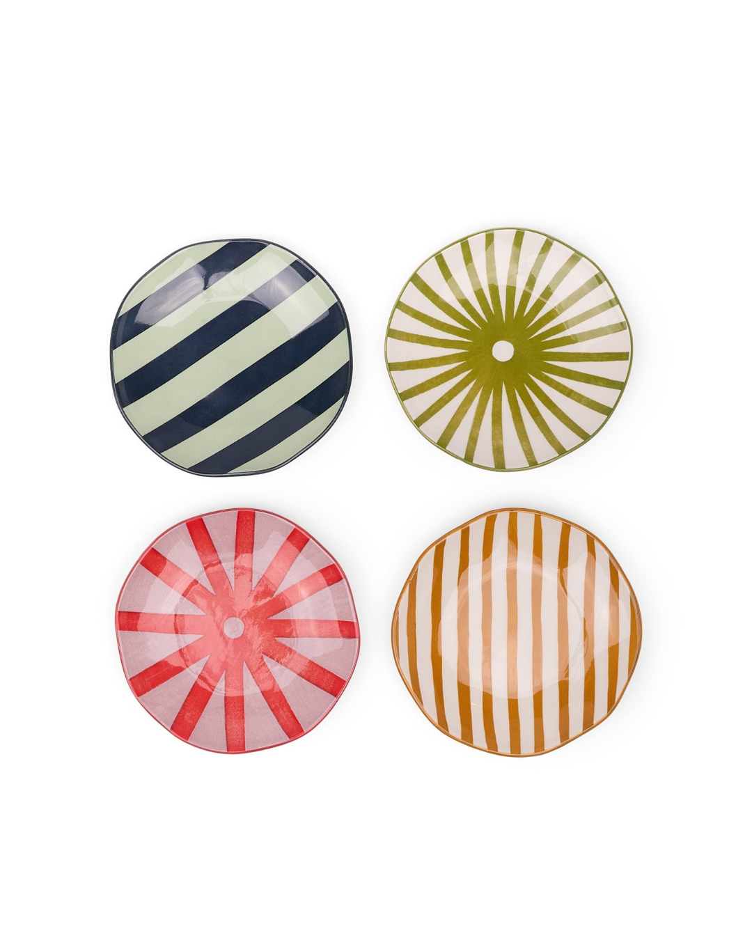 Set of 5 Marley Appetizer Plates, round 15.2 cm, hand-painted in striped red & pink, striped black & white, olive & white, and orange & white – perfect for small bites and appetizers.