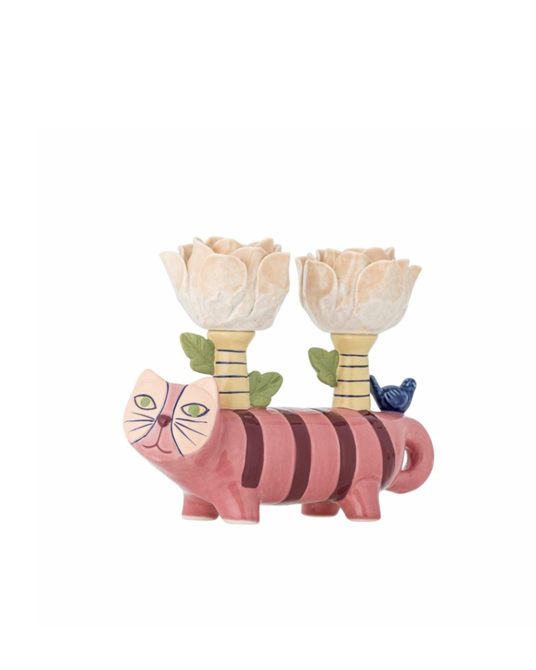Angle View of the Missy Candle Holder in rose stoneware with hand-painted cat design, pink, yellow and blue colors, featuring two flower-shaped candle holders, unique home décor