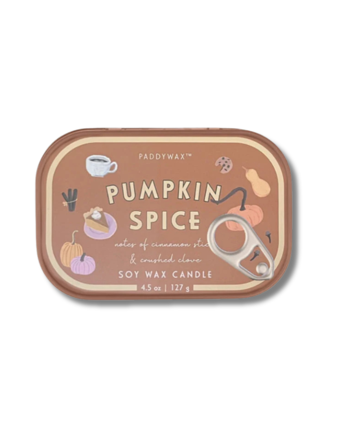 Pumpkin Spice Tin Candle with dual wicks in hand-illustrated tin, cozy autumn spices and creamy pumpkin scent, perfect for gifting or seasonal décor