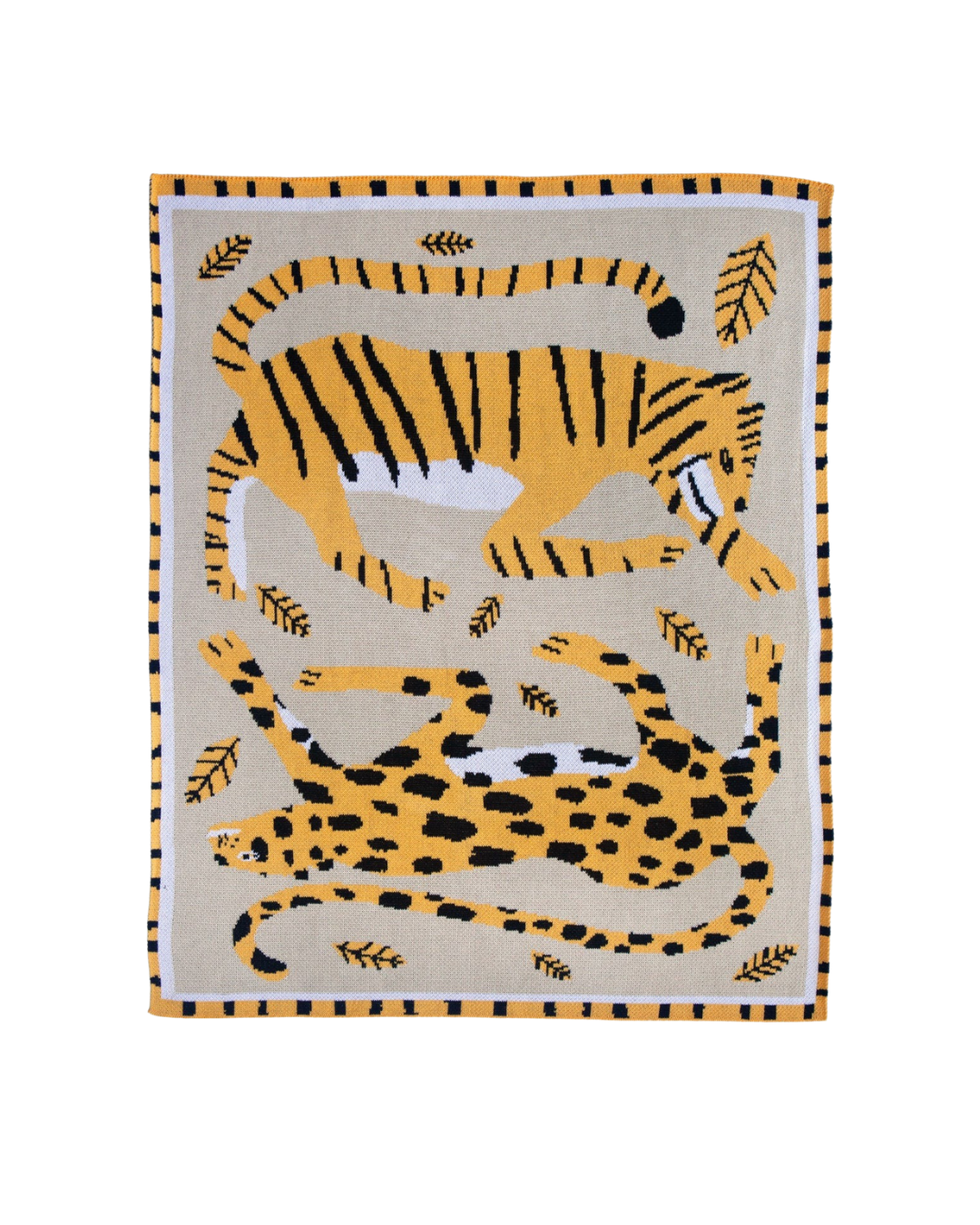 Big Cats Mini Blanket 30x40 inches, designed by James Daw, featuring two big cats and leaves, made from 50% cotton and 50% recycled polyester, soft and eco-friendly, made in USA