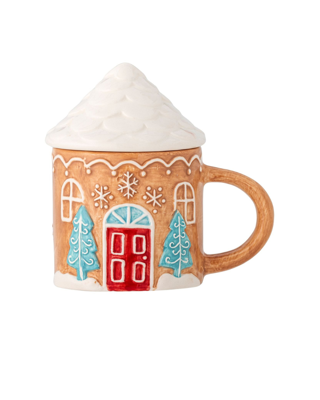 Hand-painted Ginnie Mug in brown stoneware with a charming gingerbread house design and roof-shaped lid, perfect for coffee, tea, or hot chocolate.