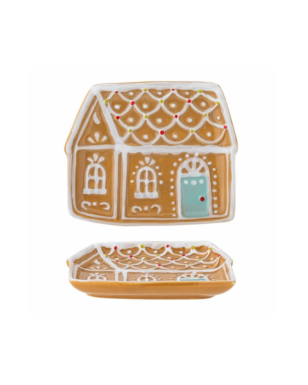Hand-painted Ginnie Plate top view nd side view, featuring a festive gingerbread house design, perfect for serving Christmas treats or adding holiday décor to your table.