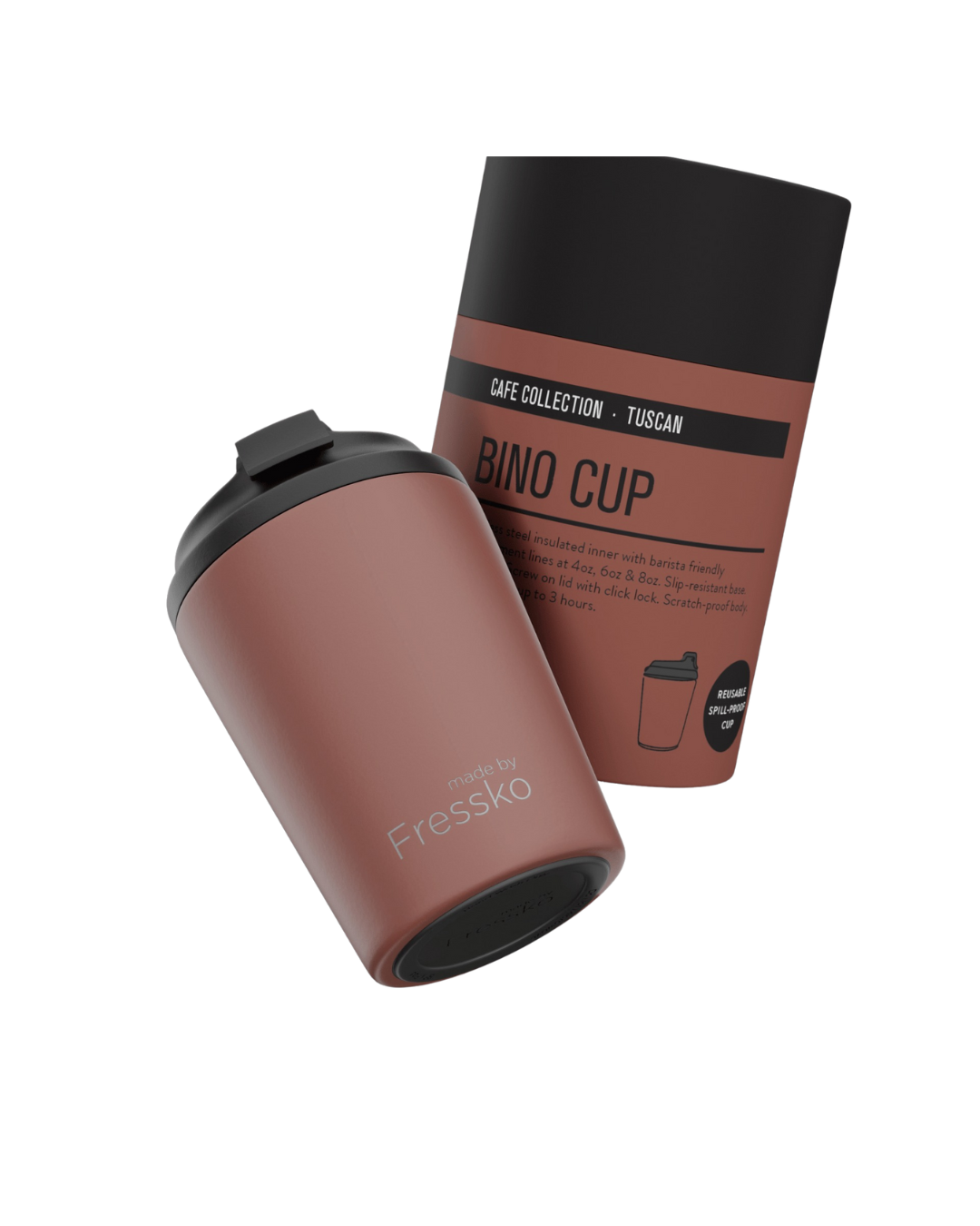Tuscan travel mug with black lid and packaging on a white background