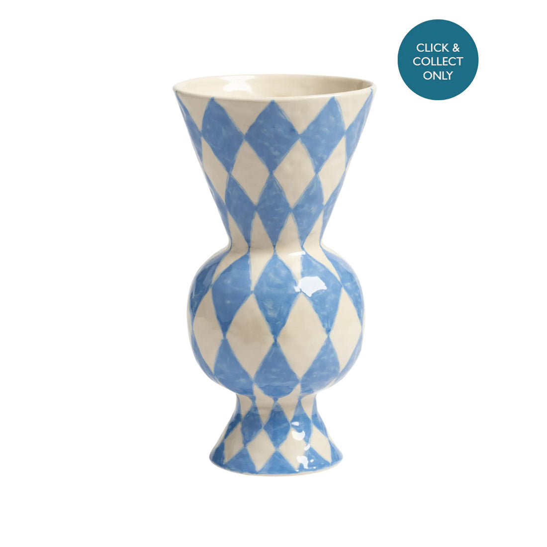 A blue rhomb-patterned ceramic vase on a white background
