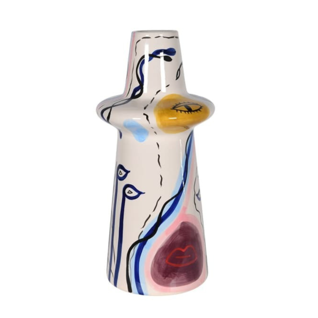 MALAGA handpainted ceramic vase with a geometric and abstract pattern in blue, white, and yellow colors.