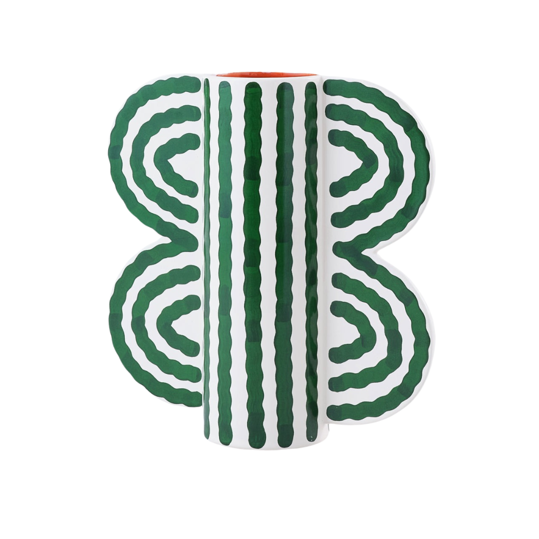 Butterfly Vase by Séverin Millet – hand-cast earthenware in off-white with green wave pattern, featuring wing-shaped semi-circular handles, 27 x 26 cm.