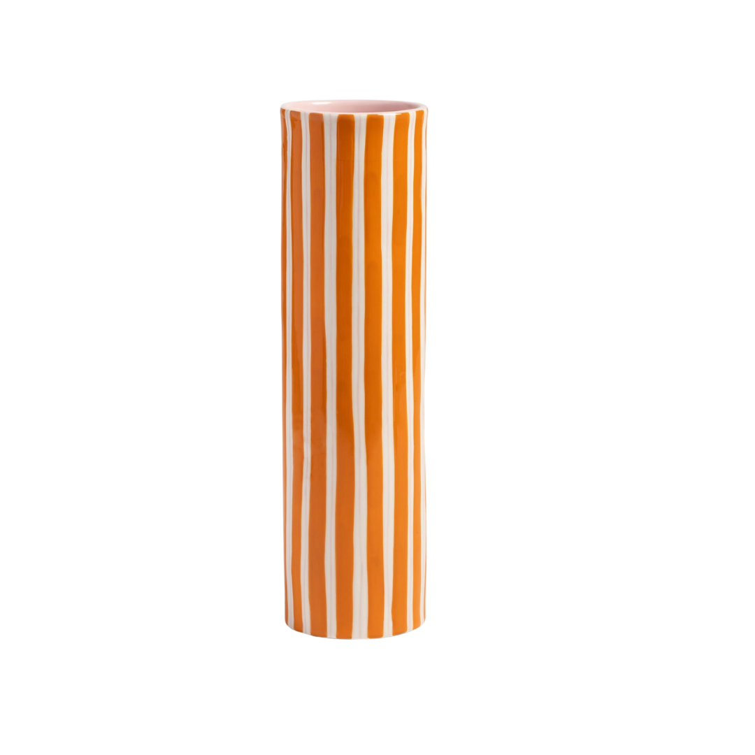 Tall orange and pink striped porcelain vase with a glossy finish, perfect for flowers or kitchen utensils.