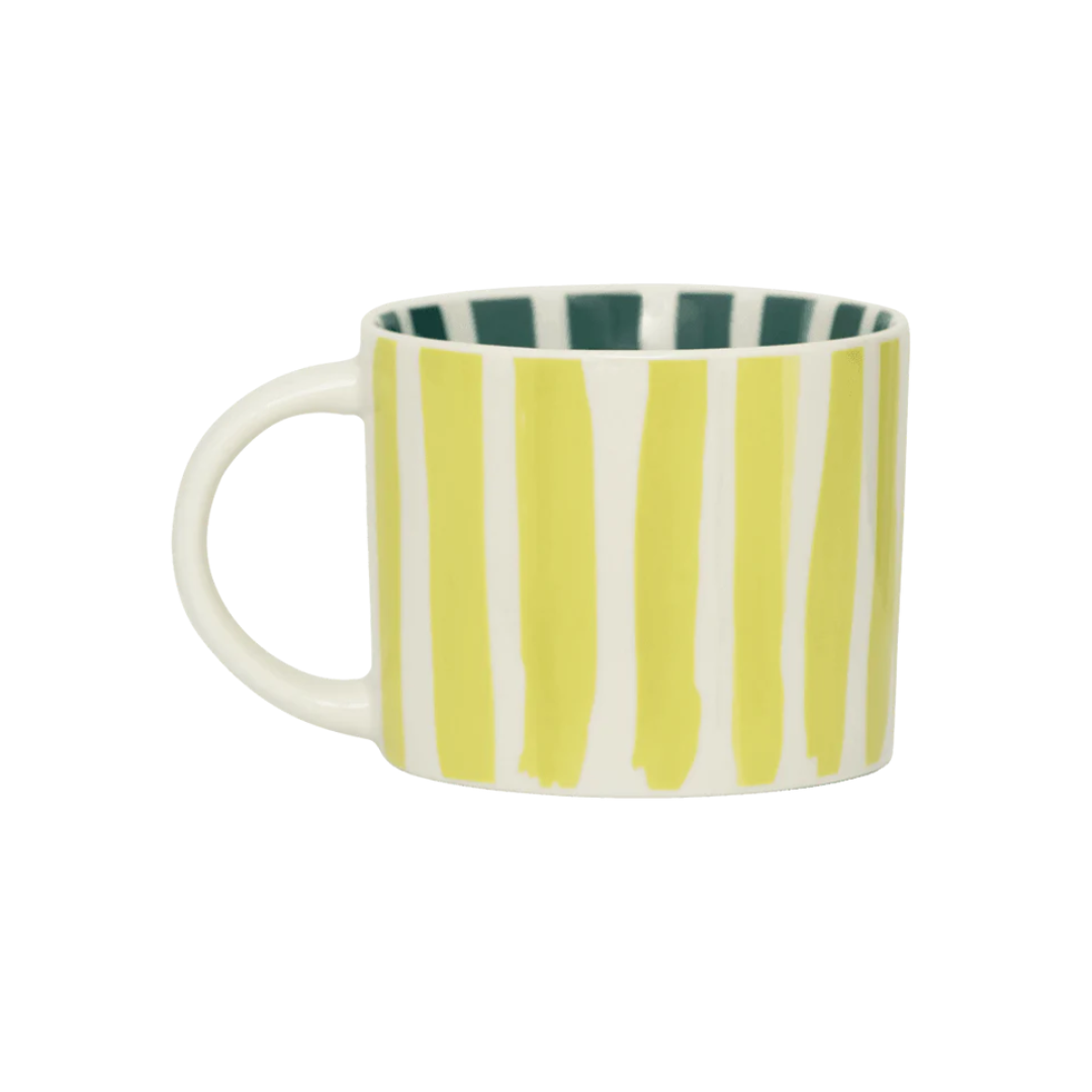 Ceramic Mub with warm olive stripes outsdie and deep sea stripes inside