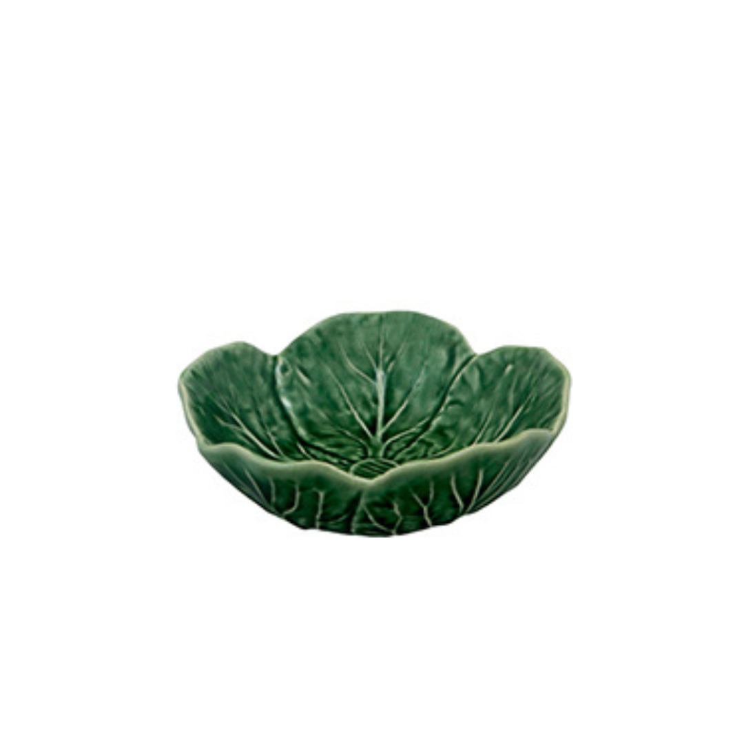 profile of a green stoneware bowl designed to resemble a cabbage leaf.