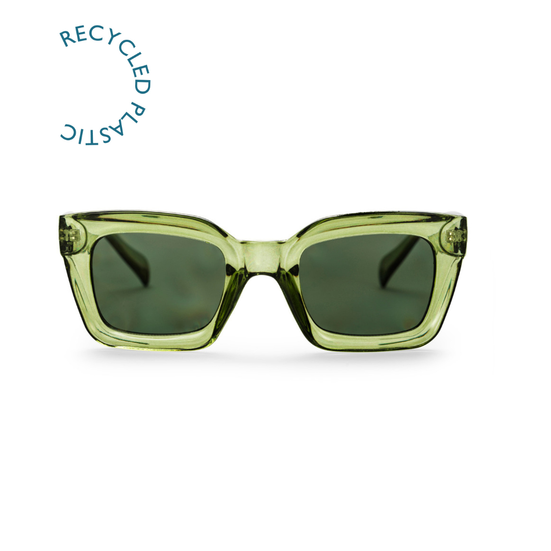 A pair of green-framed sunglasses with green lenses, marked as recycled plastic with UV400 protection.
