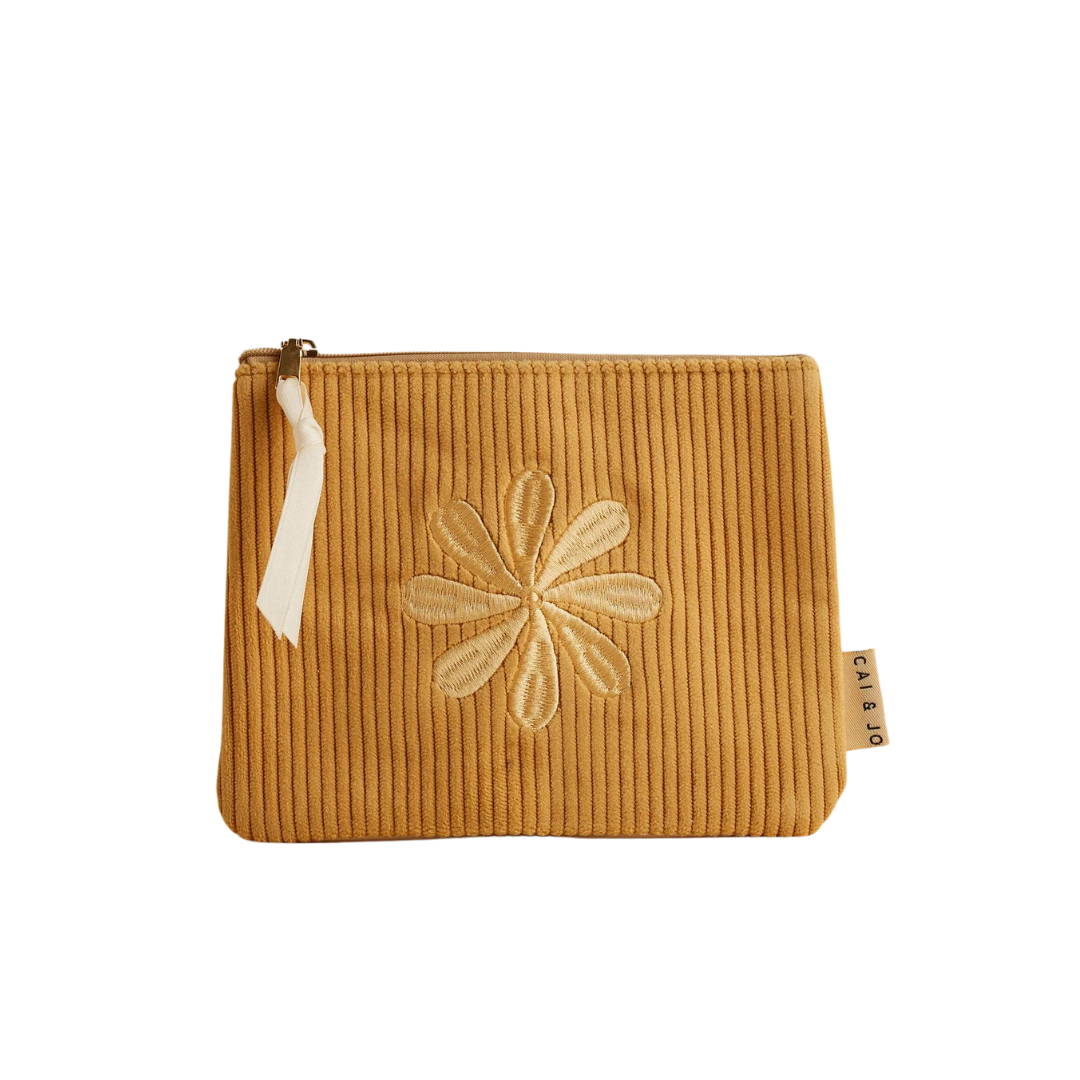 Corduroy flat pouch with marigold embroidery and zipper, displayed against a white background