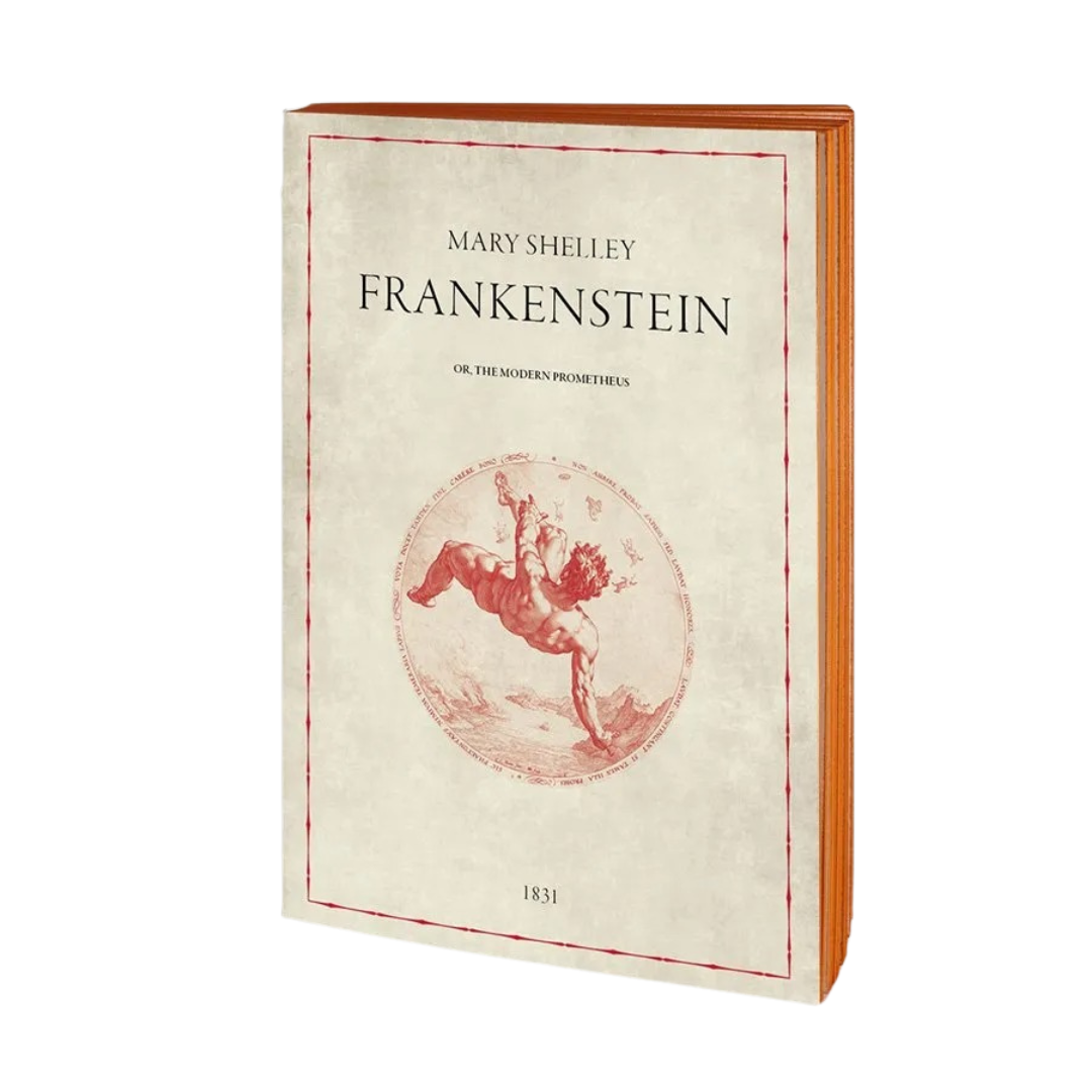 Cover of Frankenstein handmade notebook from the Libri Muti Collection, featuring a soft cover and orange hand-coloured slice, crafted in Florence, Italy