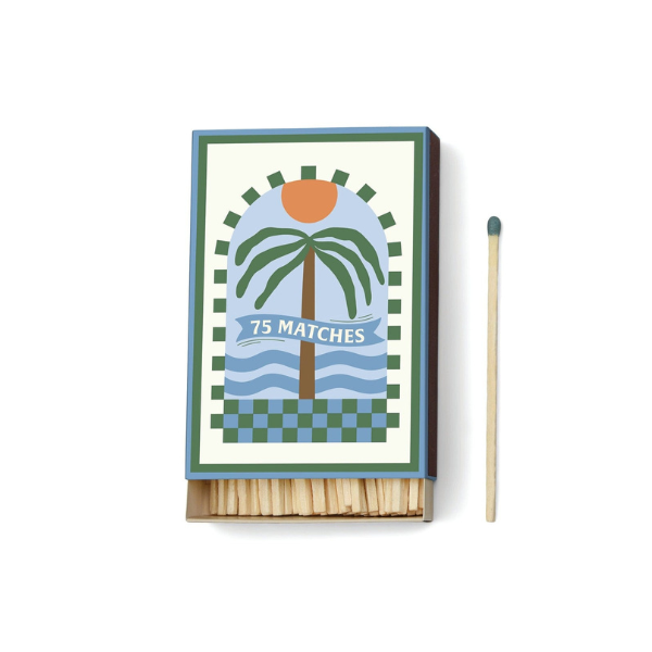 Decorative matchbox with palm design, labeled seventy-five matches, with teal-tipped matchstick