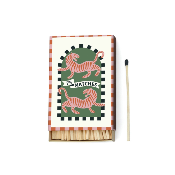 Decorative matchbox with tiger design, labeled seventy-five matches, with green-tipped matchstick