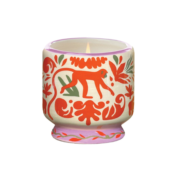 Vegan cruelty-free soy wax candle, 8oz, in a repurposable ceramic jar with red monkey as a decoration