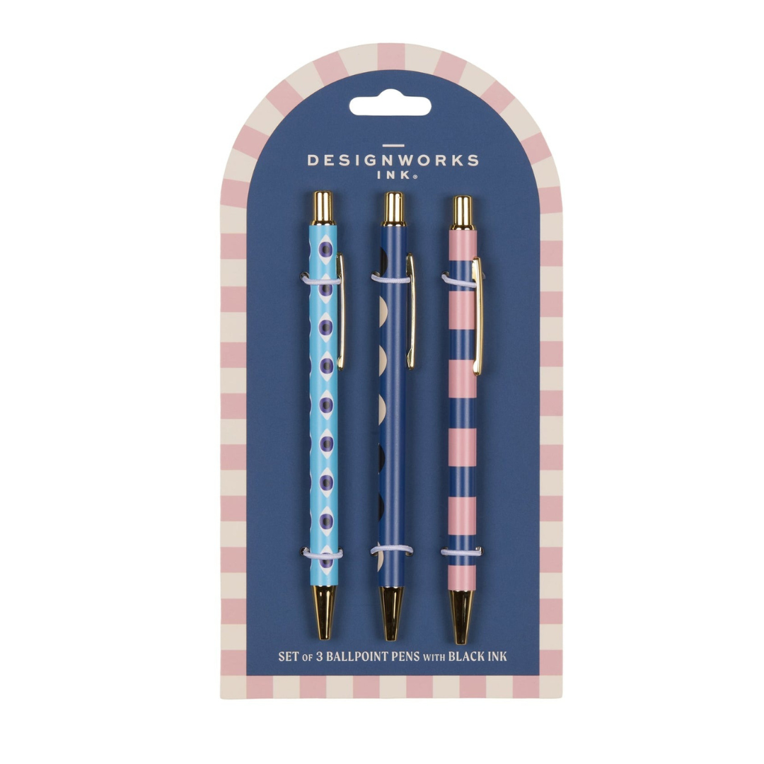 Set of three A Dopo pens with black ink, featuring matching mystical patterns including stripe, eye, and moon designs,