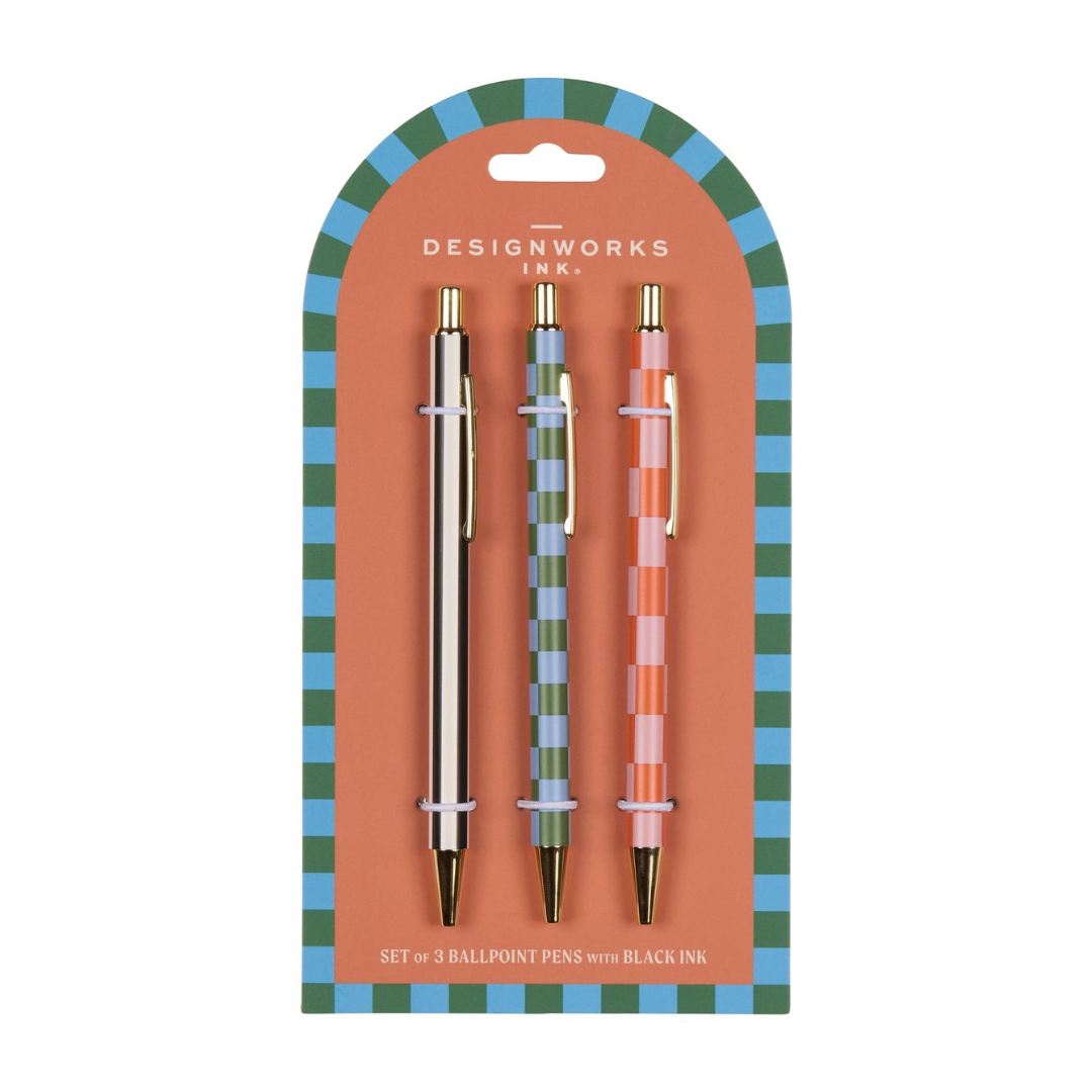 Set of three A Dopo pens with black ink, featuring matching patterns including stripe and checks