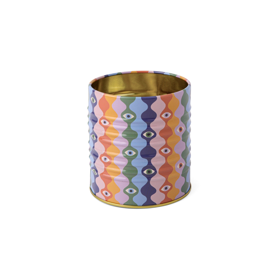 Colorful wavy pattern with mystical eyes in shades of red, yellow, blue, green, and lavender on a storage tin.