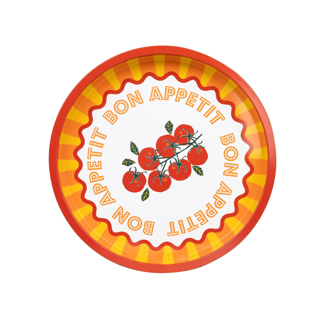 Round tin tray with red and yellow tomato-themed design, featuring a red striped border and circular &