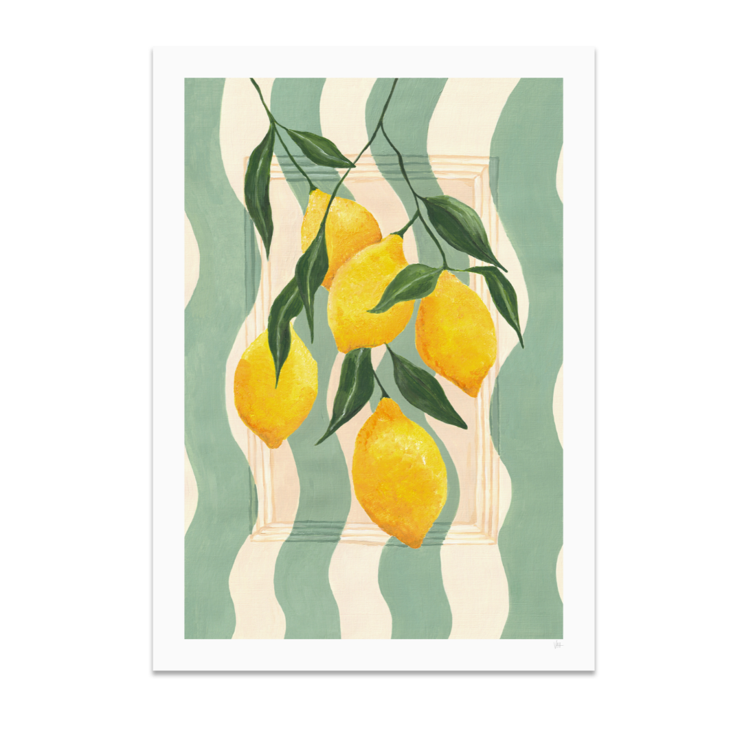 Branch of lemons against a cream and sage green wavy striped backdrop.