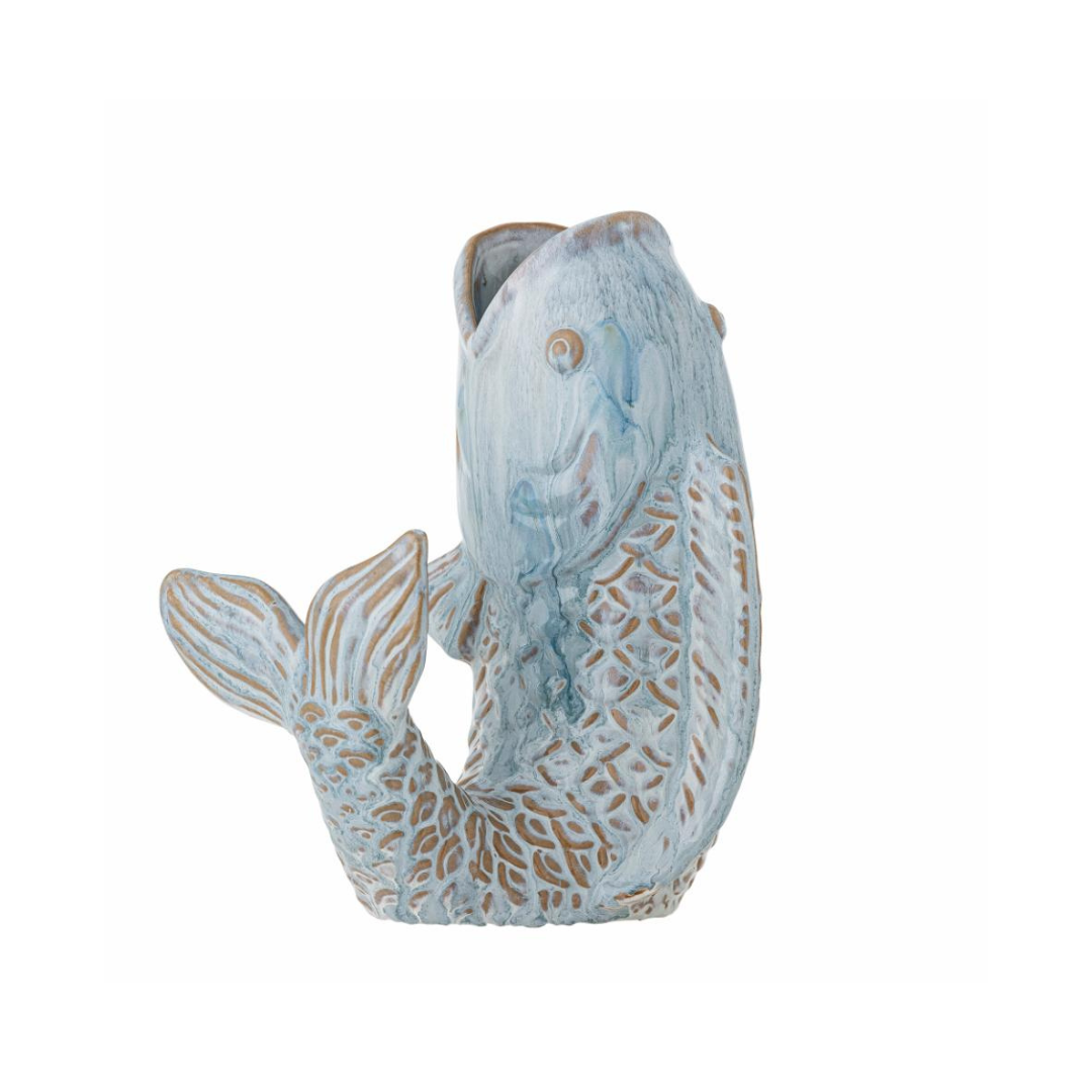 Side view of the Hiro Fish-Shaped Vase in light blue stoneware, decorative vase with coastal-inspired ombre finish, perfect for flowers or as a standalone accent piece.