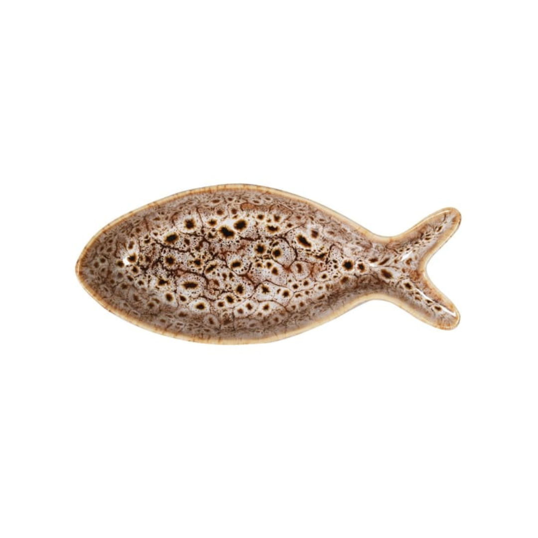 top view of the brown speckled ceramic deep fish-shaped plate, food-safe and microwave-safe, ideal for serving snacks or nibbles.