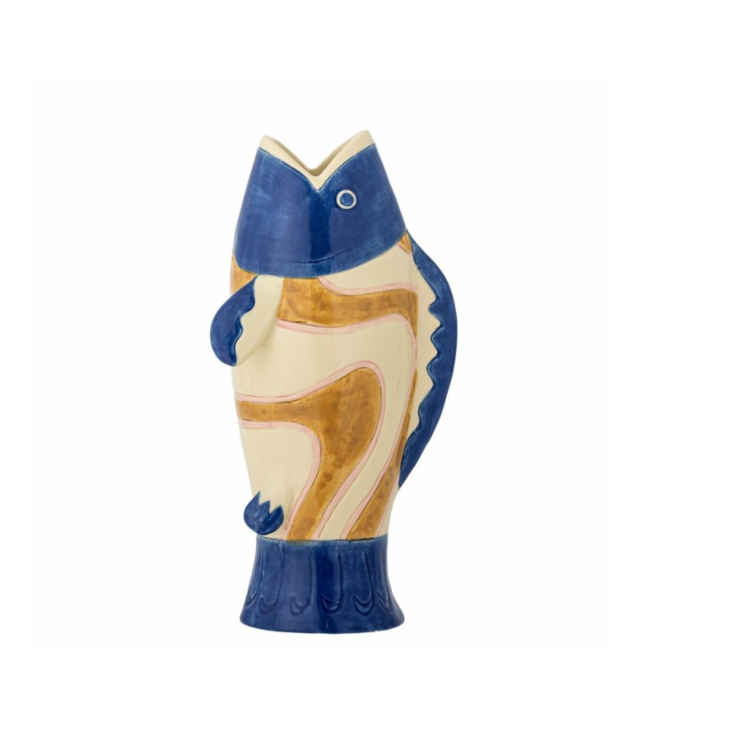 Hand-painted blue fish-shaped stoneware vase with golden accents, decorative coastal home décor jug for fresh or dried flowers.