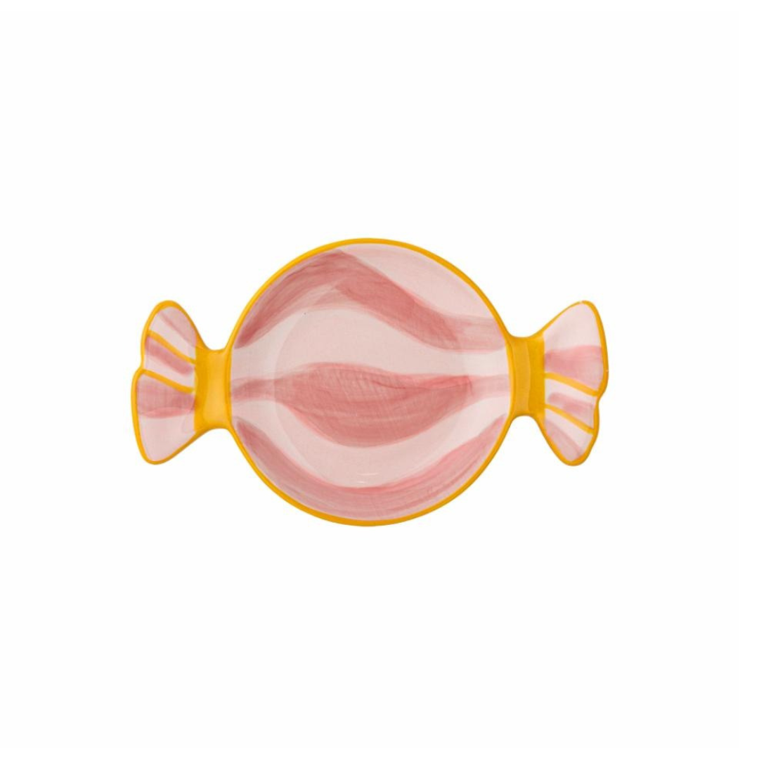 Caramella serving plate rose small on a white background, hand-painted and vibrant tableware for appetizers or desserts.